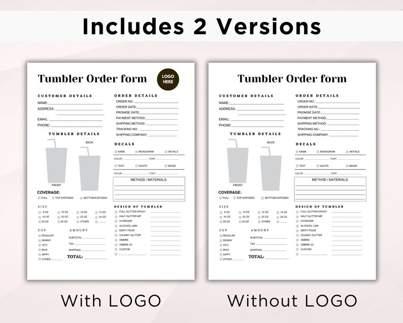 TUMBLER Order Form. Printable Tumbler Order Template. Tumbler Invoice ...