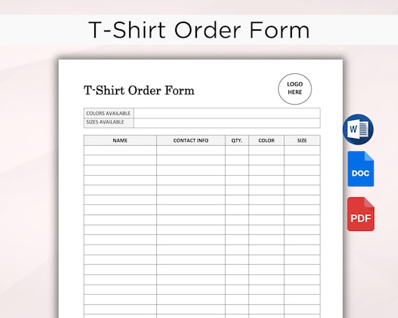 T-Shirt Order Form Template. Printable Order Form For Small Business. Purchase Order Form. Editable Google Docs, Word & PDF Instant Download