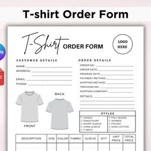 Może przedstawiać: Drukowany formularz zamówienia koszulki z tytułem "T-shirt Order Form". Formularz zawiera sekcje dotyczące danych klienta i zamówienia, z miejscem na imię i nazwisko, adres, e-mail i telefon. Posiada również sekcję dotyczącą stylów koszulek oraz tabelę ze specyfikacjami zamówienia.