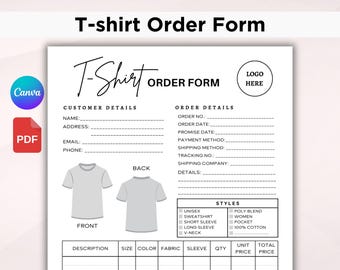 Puede incluir: Un formulario de pedido de camisetas imprimible, titulado "T-shirt Order Form". El formulario incluye secciones para los datos del cliente y del pedido, con espacios para el nombre, la dirección, el correo electrónico y el teléfono. También tiene una sección para los estilos de camisetas y una tabla para las especificaciones del pedido.