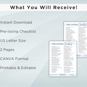 May include: A printable pre-listing checklist for real estate agents. The checklist is divided into sections for exterior, overall interior, kitchen, bathrooms, bedrooms, laundry room, living room, and dining room. The checklist is in a blue and white colour scheme and includes the text "PRE-LISTING Checklist".