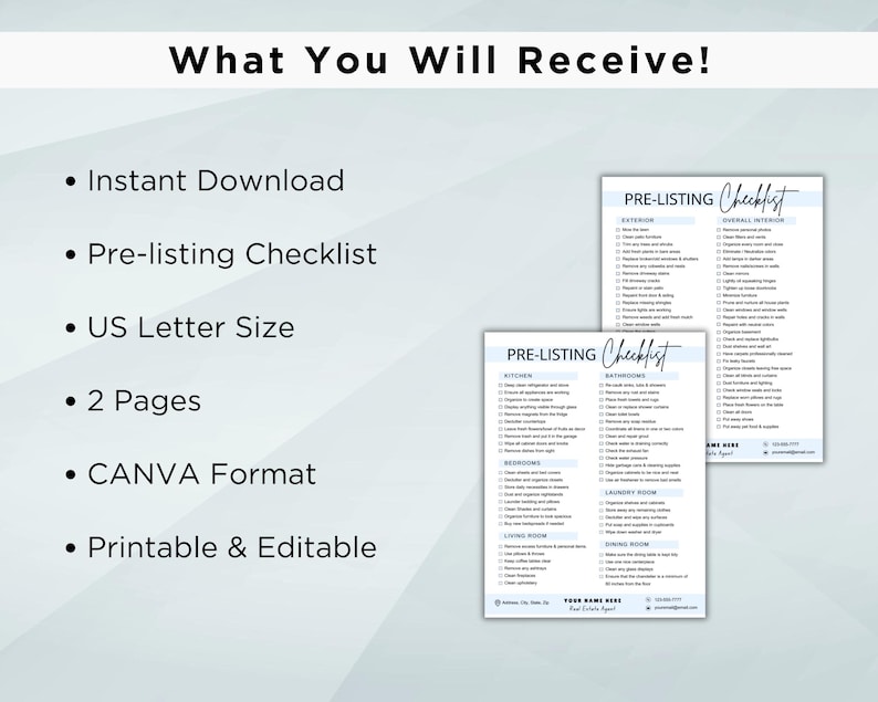 May include: A printable pre-listing checklist for real estate agents. The checklist is divided into sections for exterior, overall interior, kitchen, bathrooms, bedrooms, laundry room, living room, and dining room. The checklist is in a blue and white colour scheme and includes the text "PRE-LISTING Checklist".