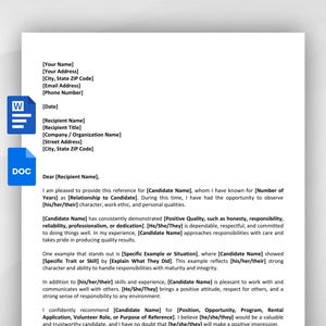 Może przedstawiać: Szablon profesjonalnego listu referencyjnego na białej stronie z czarnym tekstem, zawierający miejsca na dane kontaktowe, dane odbiorcy oraz treść formalną. Po lewej stronie znajdują się dwie niebieskie ikony dokumentów z oznaczeniami W i DOC.