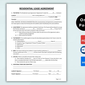 May include: A black and white printable residential lease agreement form. The form includes sections for the landlord and tenant information, lease period, property details, rent, late fees, and additional terms and conditions. The form is designed for easy completion and includes spaces for signatures and dates.