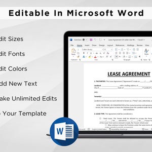 K&ouml;nnte beinhalten: Ein Laptop-Bildschirm, der ein "MIETVERTRAG"-Dokument in Microsoft Word anzeigt. Das Bild hebt die Bearbeitbarkeit des Dokuments hervor, mit Optionen zum Bearbeiten von Gr&ouml;&szlig;en, Schriftarten, Farben und zum Hinzuf&uuml;gen von Text. Ein Microsoft Word-Logo ist sichtbar.