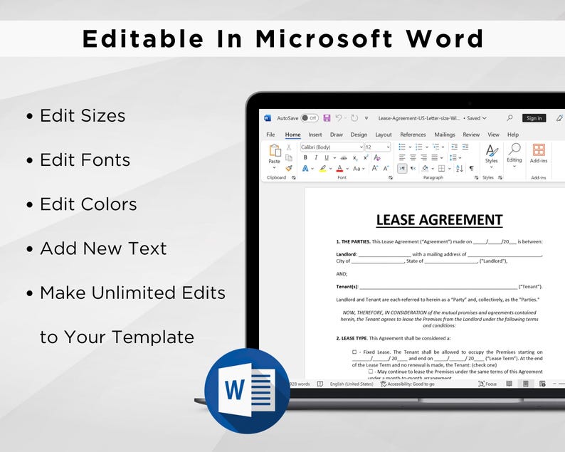K&ouml;nnte beinhalten: Ein Laptop-Bildschirm, der ein "MIETVERTRAG"-Dokument in Microsoft Word anzeigt. Das Bild hebt die Bearbeitbarkeit des Dokuments hervor, mit Optionen zum Bearbeiten von Gr&ouml;&szlig;en, Schriftarten, Farben und zum Hinzuf&uuml;gen von Text. Ein Microsoft Word-Logo ist sichtbar.