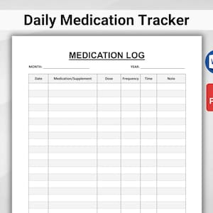 Daily Medication Log Printable | Medicine Tracker Sheet | Pill Reminder Chart | Medication Schedule | Medication List | Health & Medical Log