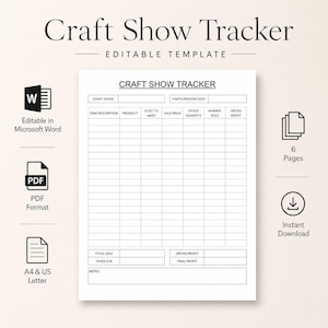 Peut inclure: Un modèle modifiable de suivi de salon artisanal avec une grille pour la description, le produit, le coût, le prix de vente, le stock, les ventes et le profit. Inclut des icônes pour Microsoft Word, PDF, et 6 pages en format A4 et US Letter.