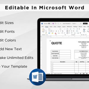 May include: A screenshot of a Microsoft Word document with a quote template. The template includes fields for quote number, quote prepared by, quote date, valid until date, description, city, unit price, and amount. The template is editable in Microsoft Word.