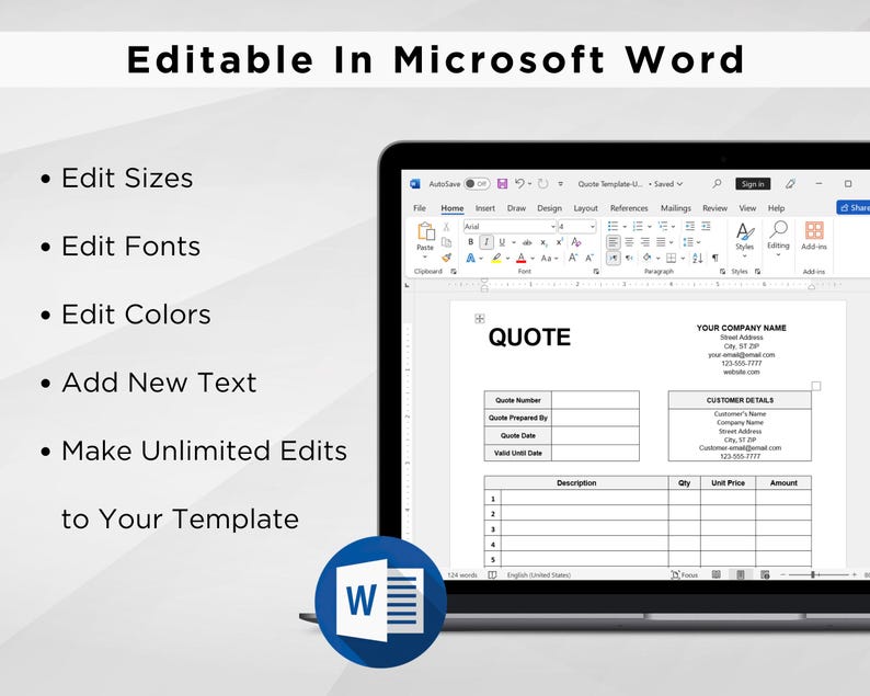 May include: A screenshot of a Microsoft Word document with a quote template. The template includes fields for quote number, quote prepared by, quote date, valid until date, description, city, unit price, and amount. The template is editable in Microsoft Word.