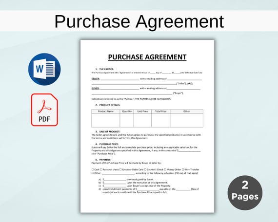 Purchase Agreement Template. Editable Property Purchase agreement. Purchase Business Contract. Sales Contract. PDF, MS Word Instant Download