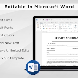 May include: A laptop computer screen displaying a Microsoft Word document with a service contract template. The document is titled "Service Contract" and includes sections for the parties, service provider, and client. The document is editable in Microsoft Word, allowing users to customise the text, fonts, colours, and sizes.