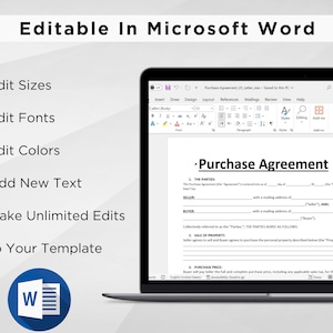 Pode incluir: Um computador port&aacute;til exibindo um documento do Microsoft Word com um modelo de contrato de compra. O documento &eacute; edit&aacute;vel e permite que os usu&aacute;rios personalizem o texto, as fontes, as cores e os tamanhos. O documento &eacute; intitulado "Contrato de compra".
