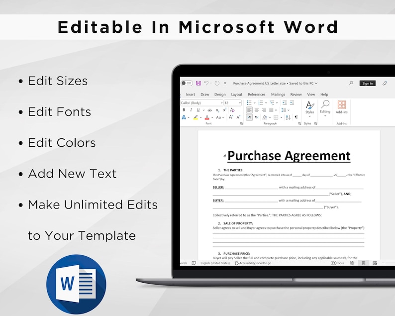 Pode incluir: Um computador port&aacute;til exibindo um documento do Microsoft Word com um modelo de contrato de compra. O documento &eacute; edit&aacute;vel e permite que os usu&aacute;rios personalizem o texto, as fontes, as cores e os tamanhos. O documento &eacute; intitulado "Contrato de compra".
