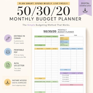 May include: A 50/30/20 monthly budget planner template featuring columns for income, budget, and actual expenses. The document includes sections for needs, wants, and savings, with text labels for month, year, and summary totals in a clean, organized layout.
