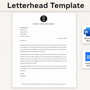 May include: A digital letterhead template document featuring a black circular logo placeholder, company name, recipient details, and body text. The document is compatible with Microsoft Word and Google Docs, indicated by two square icons on the right side.