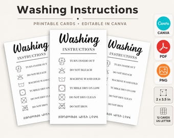 Washing Instruction Card, Shirt Care Card and Clothing Washing Instructions, Small Business Packaging Insert, Canva, PDF & PNG