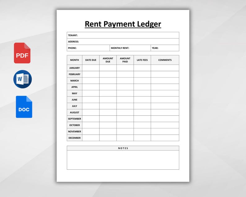 Rent Payment Ledger Template, Printable Rental Payment Tracker, Monthly ...