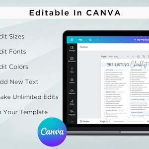 May include: A screenshot of a Canva design template showing a pre-listing checklist for a home. The checklist includes categories for the kitchen, bathrooms, bedrooms, living room, laundry room, and dining room. The text "PRE-LISTING Checklist" is at the top of the page. The text "Page 1/2" is at the bottom of the page.