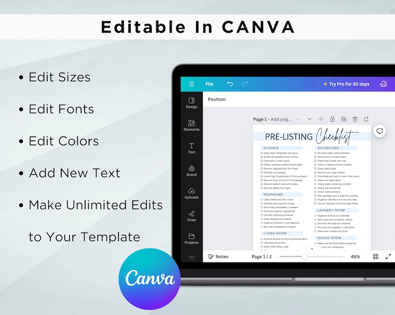 May include: A screenshot of a Canva design template showing a pre-listing checklist for a home. The checklist includes categories for the kitchen, bathrooms, bedrooms, living room, laundry room, and dining room. The text "PRE-LISTING Checklist" is at the top of the page. The text "Page 1/2" is at the bottom of the page.