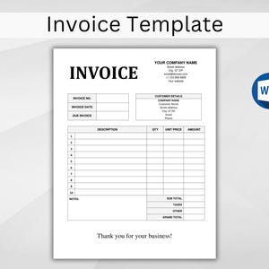 May include: A blank invoice template with fields for invoice number, invoice date, due date, description, quantity, unit price, amount, sub total, taxes, other, and grand total. The template also includes fields for customer details, such as company name, customer name, street address, email, and phone.