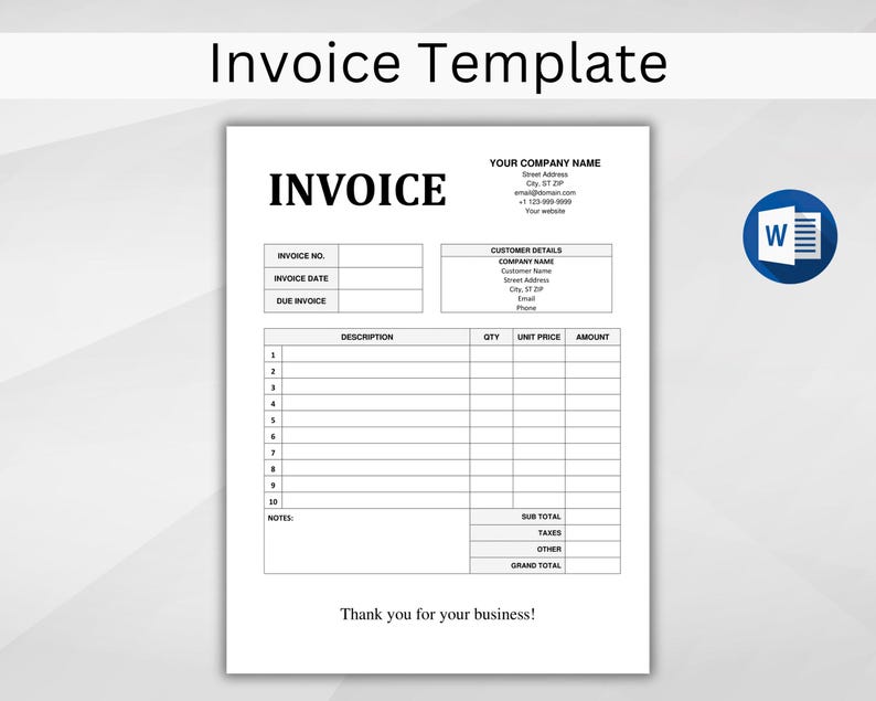 May include: A blank invoice template with fields for invoice number, invoice date, due date, description, quantity, unit price, amount, sub total, taxes, other, and grand total. The template also includes fields for customer details, such as company name, customer name, street address, email, and phone.