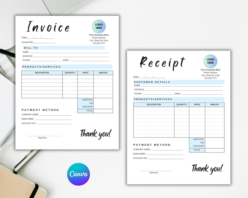 May include: A printable invoice and receipt template with a blue and white colour scheme. The template includes sections for customer details, products or services, payment method, and a thank you message.