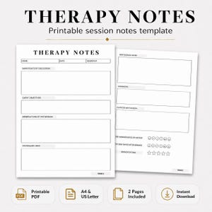 Puede incluir: Una plantilla de notas de terapia imprimible de dos páginas en blanco y negro. La primera página incluye campos para nombre, fecha, número de sesión, puntos de discusión, objetivos, observaciones y técnicas. La segunda página contiene notas post-sesión, tareas, plan para la próxima sesión, indicadores de estado de ánimo y estrellas de calificación.
