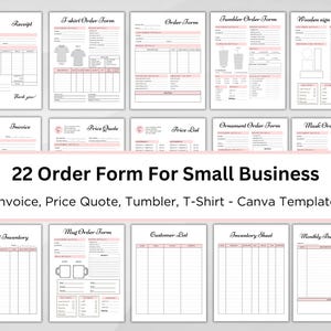 May include: A set of 22 printable order forms for small businesses. The forms include templates for invoices, price quotes, t-shirt orders, tumbler orders, mug orders, ornament orders, mask orders, product inventory, customer lists, inventory sheets, and monthly budget trackers. The forms are designed in a minimalist style with pink accents.