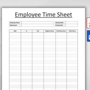 Modèle de feuille de temps des employés imprimable. Carte de pointage modifiable. Suivi des horaires de travail. Feuille de pointage de l'employé. PDF et Word. Téléchargement instantané