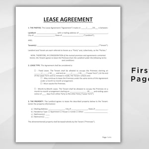 K&ouml;nnte beinhalten: Ein gedruckter Mietvertrag auf wei&szlig;em Papier. Das Dokument enth&auml;lt Abschnitte f&uuml;r die beteiligten Parteien, die Art des Mietvertrags und die Immobiliendetails. Der Text "LEASE AGREEMENT" steht oben, mit "First Page" rechts.
