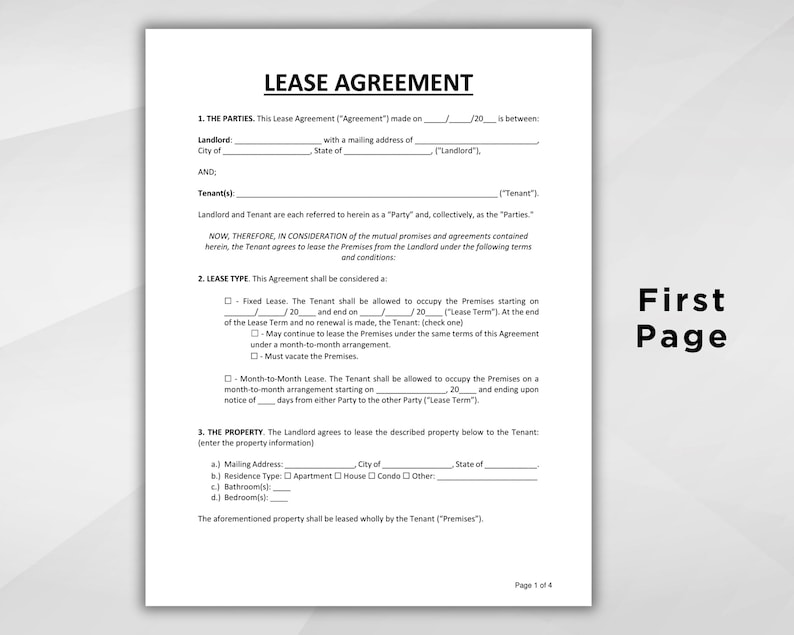 K&ouml;nnte beinhalten: Ein gedruckter Mietvertrag auf wei&szlig;em Papier. Das Dokument enth&auml;lt Abschnitte f&uuml;r die beteiligten Parteien, die Art des Mietvertrags und die Immobiliendetails. Der Text "LEASE AGREEMENT" steht oben, mit "First Page" rechts.