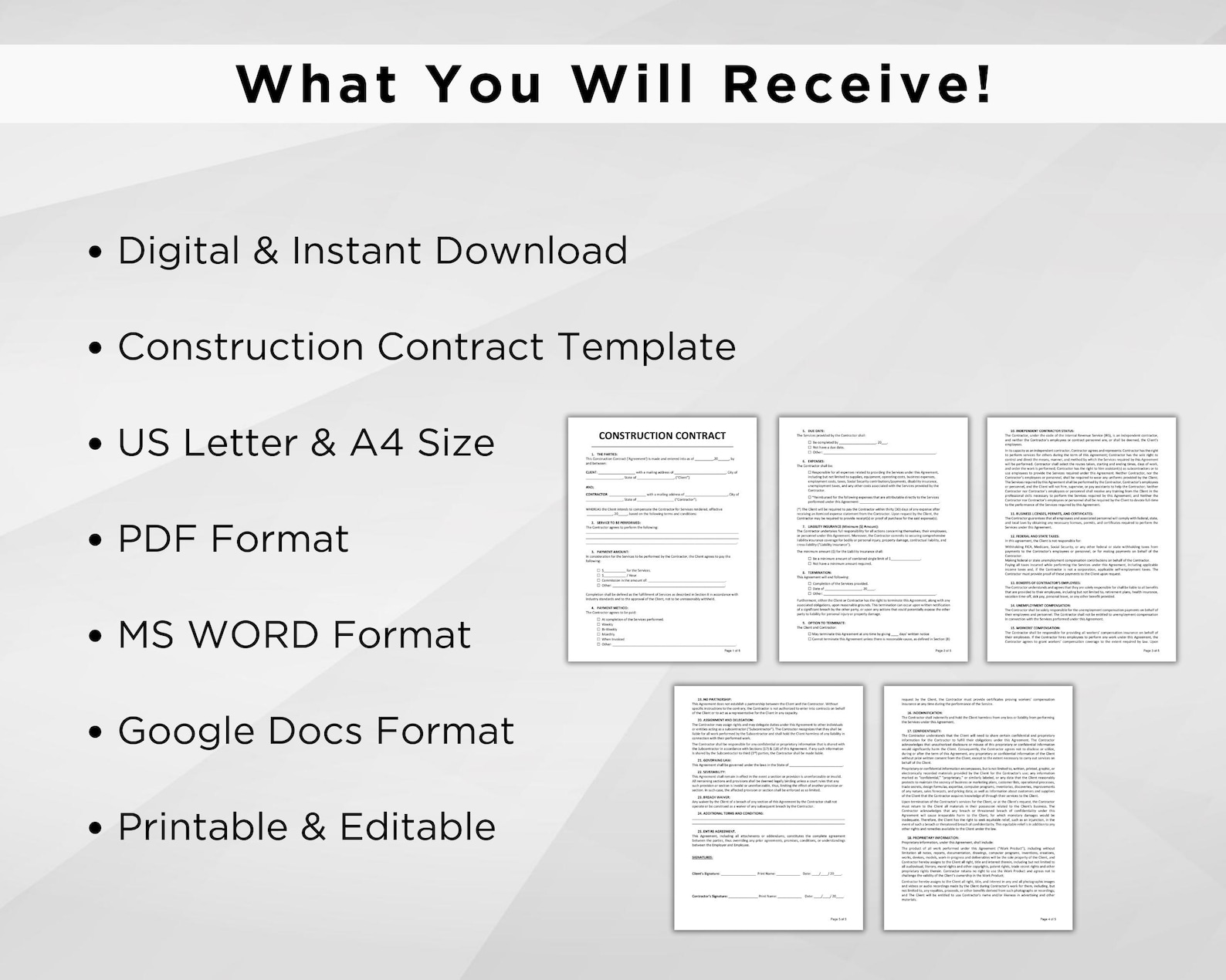 Construction Contract Form, Editable Construction Agreement Template ...