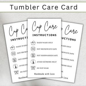 Scheda di istruzioni per la cura della tazza Tumbler stampabile. Scheda di cura della tazza Tumbler. Istruzioni per il lavaggio. Forniture per piccole imprese. Inserto per imballaggio della tazza Tumbler