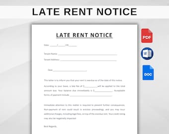 Late Rent Notice. Late Rent Payment. Notice To Pay or Quit. Tenant Notice. Landlord Template. PDF, Google Docs, MS Word. Instant Download