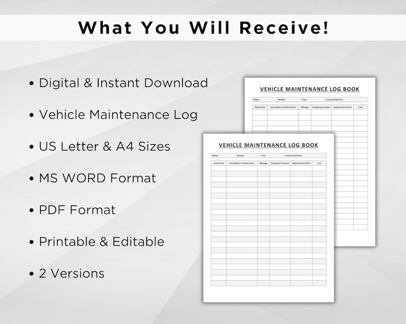 Printable Vehicle Maintenance Log. Auto Repairs & Service Checklist ...