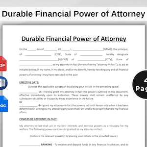 Durable Financial Power of Attorney Template. Printable POA Form. Financial Power of Attorney Form. Google Docs, Word, PDF. Instant Download