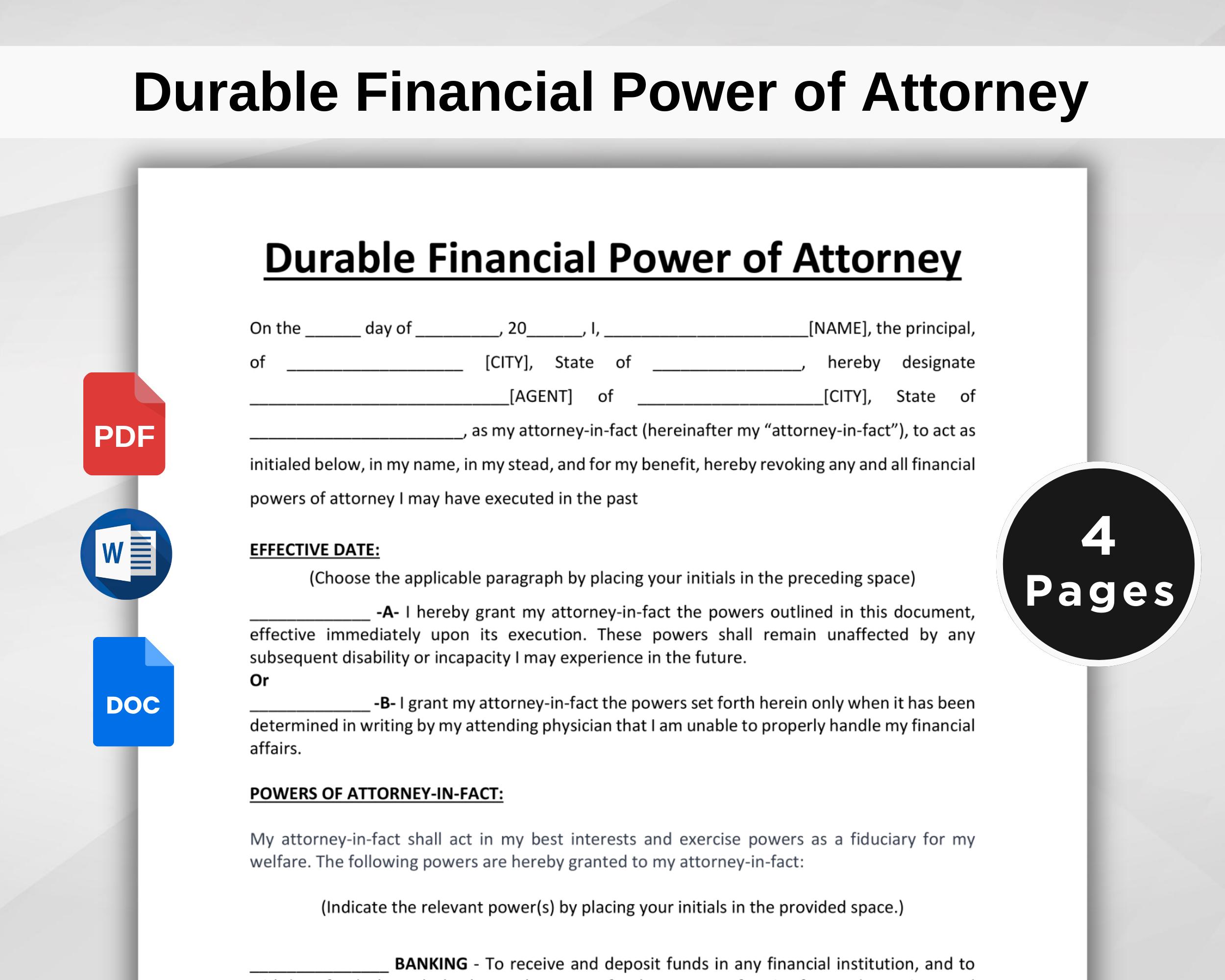 Durable Financial Power of Attorney Template. Printable POA Form. Financial Power of Attorney Form. Google Docs, Word, PDF. Instant Download