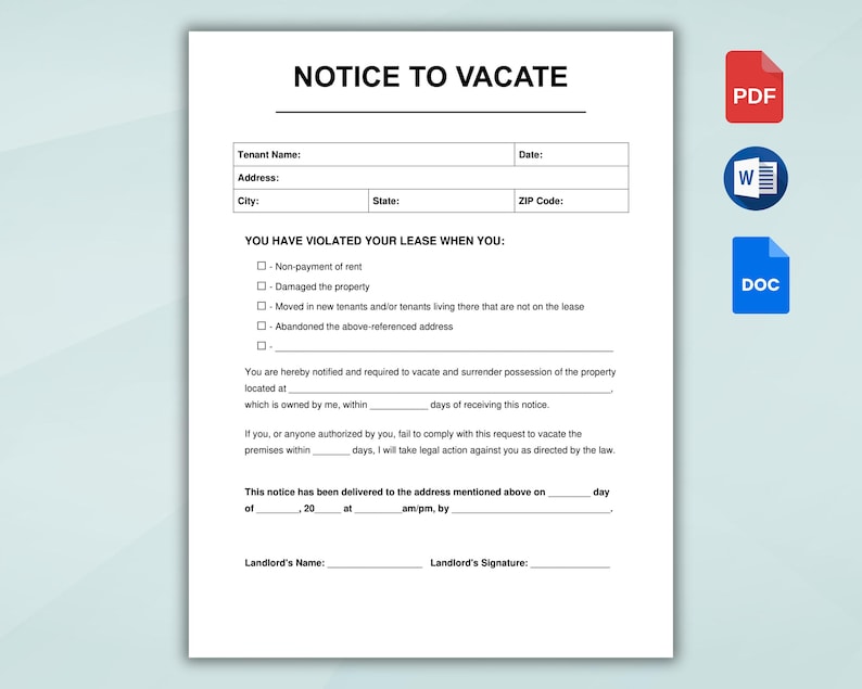 Printable Eviction Notice. Lease Termination Form. Editable Notice to ...