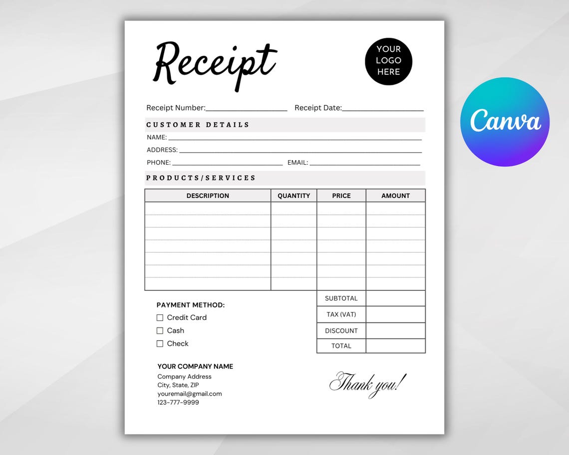 Editable Receipt Template. Small Business Digital Receipt. Receipt Form ...
