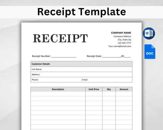 Receipt Template. Small Business Digital Receipt. Receipt Form. Customer Receipt. Sales Receipt. Google Docs/Microsoft Word Instant Download