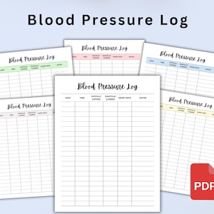 May include: Six printable blood pressure log pages in different colors: green, pink, blue, white, beige, and yellow. Each page has columns for date, time, systolic, diastolic, heart rate, and notes.
