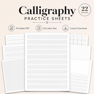 Könnte beinhalten: Ein Set aus 22 Kalligrafie-Übungsblättern mit verschiedenen Raster-, Punkt- und Linienlayouts. Der Text lautet Calligraphy Practice Sheets, 22 Pages, Printable PDF, US Letter Size und Instant Download. Die Blätter sind weiß mit schwarzen Linien.