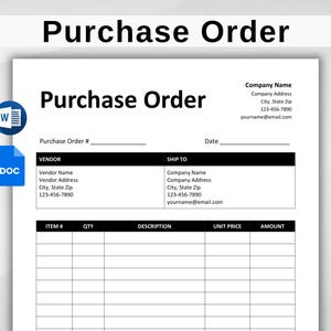 Plantilla de orden de compra editable. Formulario de orden de compra imprimible. Hoja de pedido. Documentos de Google y MS Word. Carta de EE. UU., tamaño A4. Descarga digital