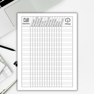 May include: A black and white printable car maintenance log with columns for date, time, oil changed, tire rotation, tire replacement, wheel alignment, air filter, fuel filter, brakes serviced, spark plugs, transmission, wiper blades, batteries, radiator, belts and hoses, and mileage.