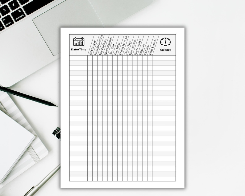 May include: A black and white printable car maintenance log with columns for date, time, oil changed, tire rotation, tire replacement, wheel alignment, air filter, fuel filter, brakes serviced, spark plugs, transmission, wiper blades, batteries, radiator, belts and hoses, and mileage.