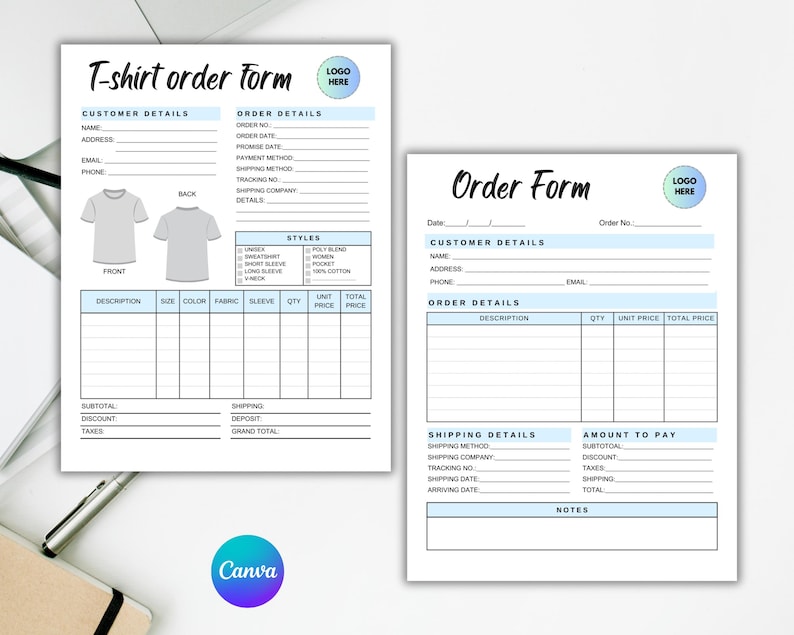 May include: A printable T-shirt order form with a blue and white colour scheme. The form includes sections for customer details, order details, shipping details, and amount to pay. It also includes a space for notes.