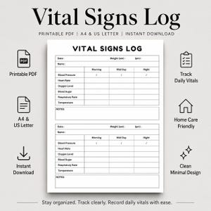 Puede incluir: Un documento Vital Signs Log blanco con texto y líneas de cuadrícula en negro. El formulario incluye campos para fecha, nombre, peso, presión arterial, frecuencia cardíaca, nivel de oxígeno, azúcar en sangre, frecuencia respiratoria y temperatura.