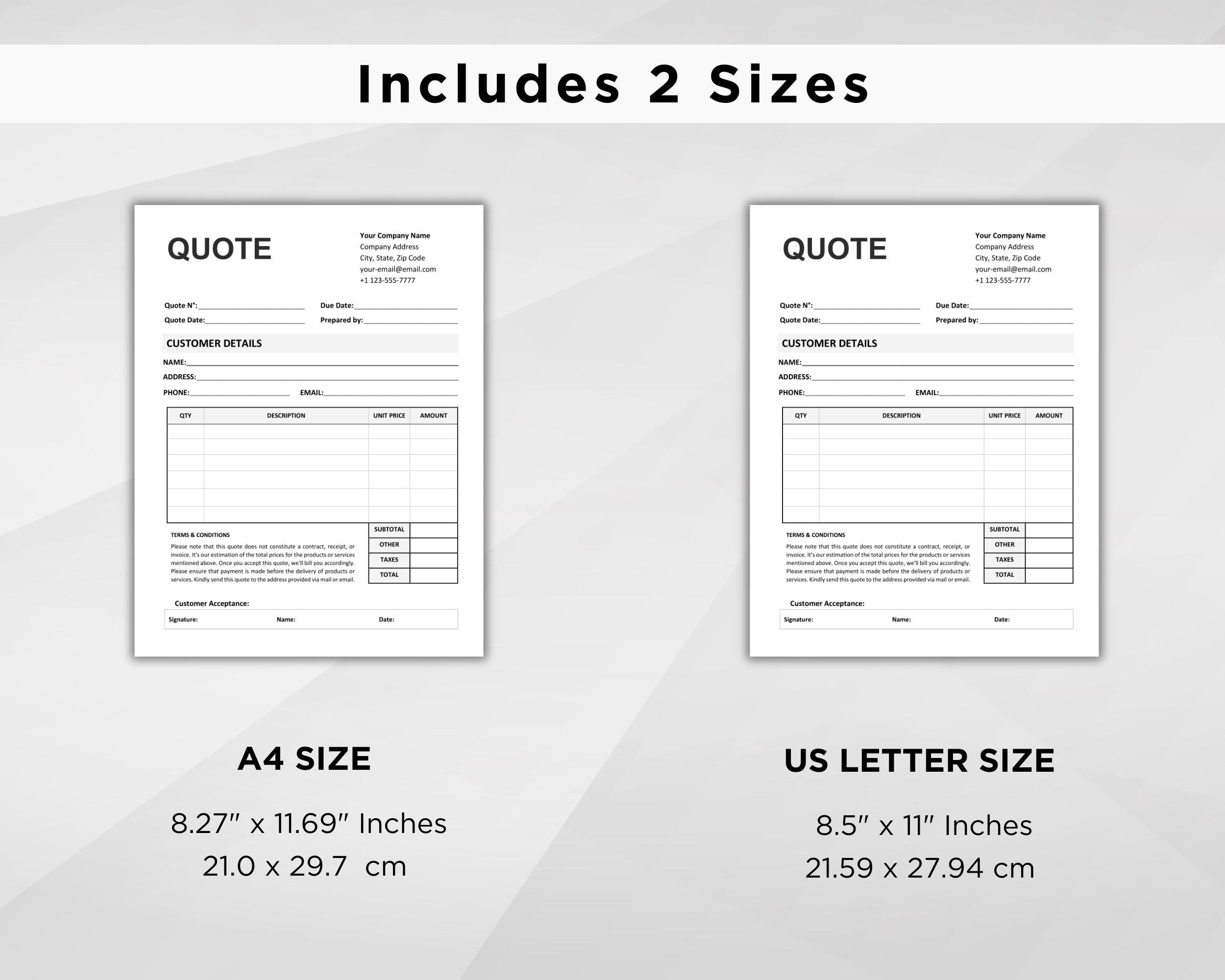 Printable Quote Template. Quote Form. Job Proposal. Price Estimate for ...