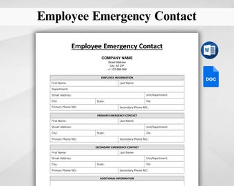 Può includere: Un modulo stampabile in bianco e nero per registrare le informazioni di contatto di emergenza dei dipendenti. Il modulo include sezioni per il nome dell'azienda, le informazioni sui dipendenti, il contatto di emergenza principale, il contatto di emergenza secondario e informazioni aggiuntive.